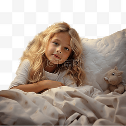 儿童图片_圣诞树旁床上的金发小女孩