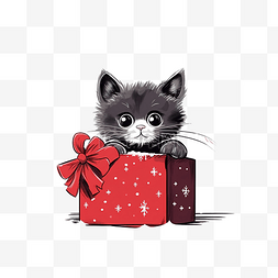 手绘红色礼盒里的猫
