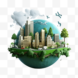 可持续的图片_半个地球上有住宅建筑树木的工厂