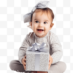 带着礼品盒的小女孩在装饰圣诞树