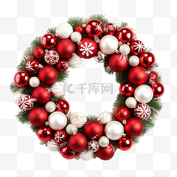 圣诞花环装饰松叶和圣诞红白球