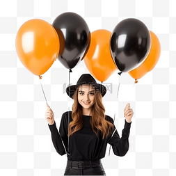 好主意图片_年轻女巫拿着黑色和橙色气球参加