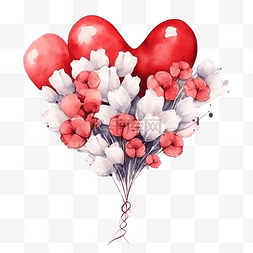 心形气图片_水彩花束气球和棉花花心形红气球