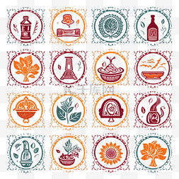 风格化圆形邮票上的感恩节图标