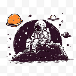 星空插画卡通图片_宇航员坐在月球上宇航员涂鸦插画