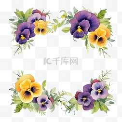 方形框架与三色堇花黄色和紫色花