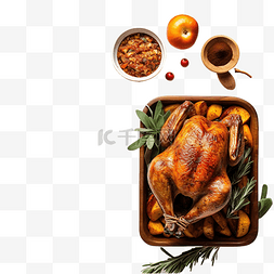 感恩节餐桌的顶视图，配有烤鸡和