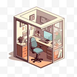 小隔间剪贴画小型办公室等距插画