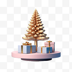 金色圣诞树和粉色圆形领奖台上带
