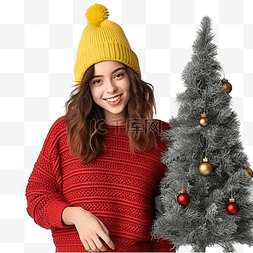 带帽的女人图片_穿着红色毛衣和圣诞帽的快乐女孩