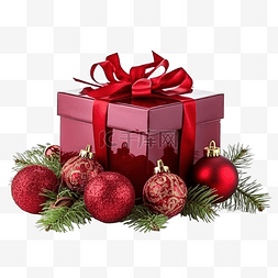 有圣诞球和树枝的红色礼品盒