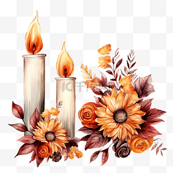黄玫瑰水彩花卉图片_一套带有蜡烛和秋花的水彩时尚作