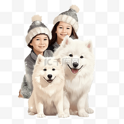 室内场景图片_圣诞节场景中带着萨摩耶狗的儿童