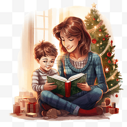 和孩子阅读图片_母子在装饰精美装饰有圣诞树的房