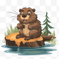 树桩画图片_海狸剪贴画 卡通海狸坐在靠近水