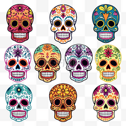 墨西哥帽子图片_为亡灵节设置带有彩色头骨的矢量