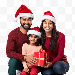 印度亚洲年轻家庭戴着圣诞帽，带