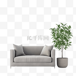 目的图片_带枕头和花盆的现代灰色沙发