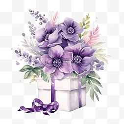 紫色紫罗兰花卉组合物与礼品盒花