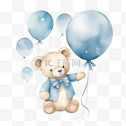 手绘小熊素材图片_水彩 小熊与气球 月亮 插图