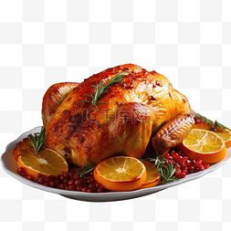 桌上的东西图片_圣诞餐桌上摆着精致的烤鸡，外皮