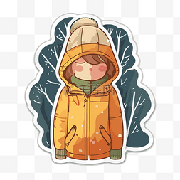 保暖图片_穿着夹克的卡通女孩贴纸插图与雪