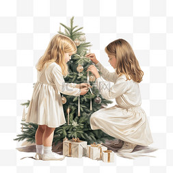 两个小女孩为节日装饰一棵圣诞树
