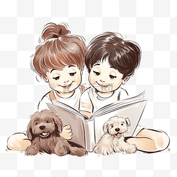 和孩子阅读图片_小女孩和男孩以及他们快乐的小狗