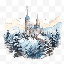城堡雪景图片_与山和雪的冬季景观