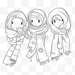 3 个带围巾的小女孩为轮廓素描着