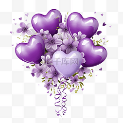 紫色心形气球与鲜花