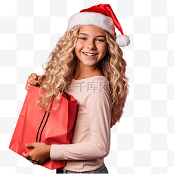 红色的礼物袋图片_戴着圣诞帽的女孩在孤立的红墙上