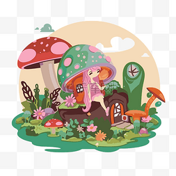 童话里的蘑菇图片_卡通仙女在森林里与蘑菇小屋剪贴