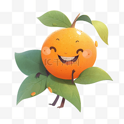 自由手绘图片_笑脸橙色水果与绿叶