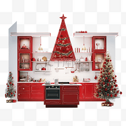 厨房窗户图片_带有红色圣诞装饰品的厨房圣诞树