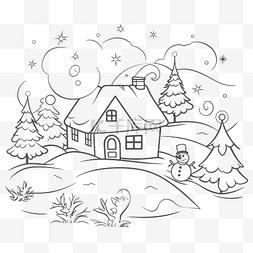 儿童线描房子图片_有雪人和树木的冬天房子着色页轮