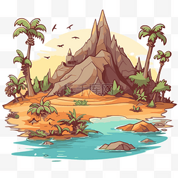 和河流图片_海滩场景剪贴画卡通荒岛与棕榈树
