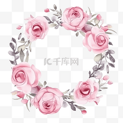 玫瑰花环手绘图片_甜蜜的小粉红色水彩玫瑰花环框架