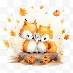 卡通秋季海报图片_可爱的南瓜爱上鸟和狐狸可爱的万