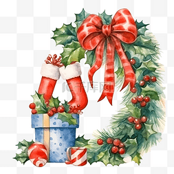 圣诞冬青花环，配有袜子和礼品盒