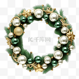 圣诞树枝和闪亮球的装饰花环