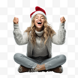 胜利微笑图片_圣诞假期的女孩坐在地板上庆祝胜