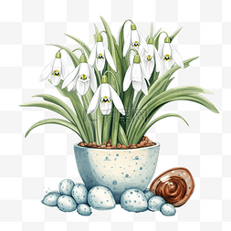 复活节彩蛋图片_花盆里的雪花莲花和复活节彩蛋复