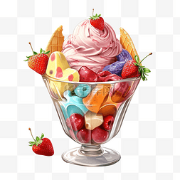 美味的彩色冰淇淋杯，配有糖浆和