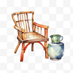木格窗图片_水彩木椅和陶瓷茶壶