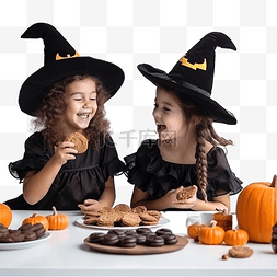 两个穿着女巫服装的不同小女孩在