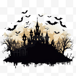 万圣节黑暗闹鬼的城堡和蝙蝠在墓