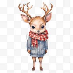 可爱的水彩圣诞鹿穿着冬季服装，