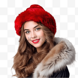女士帽子冬季图片_穿着毛皮大衣和圣诞老人??帽子的