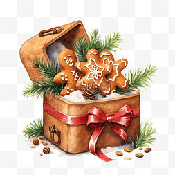带有姜饼的木盒的水彩圣诞节插图